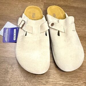 Birkenstock Boston Suede Clogs Womens Taupe Normal Soft Footbed Sandals
